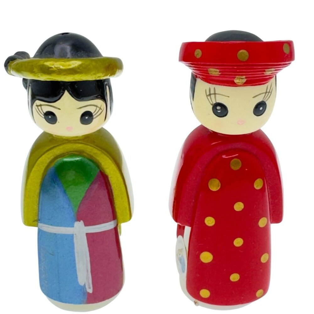 Wooden Vietnamese Kokeshi-Style Souvenir Dolls Hand-Painted 4 Xuong Phat Vintage